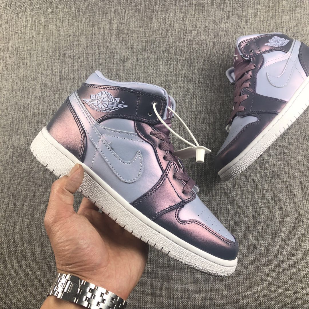 Women Air Jordan 1 Mid Monsoon Purple Silver Shoes - Click Image to Close